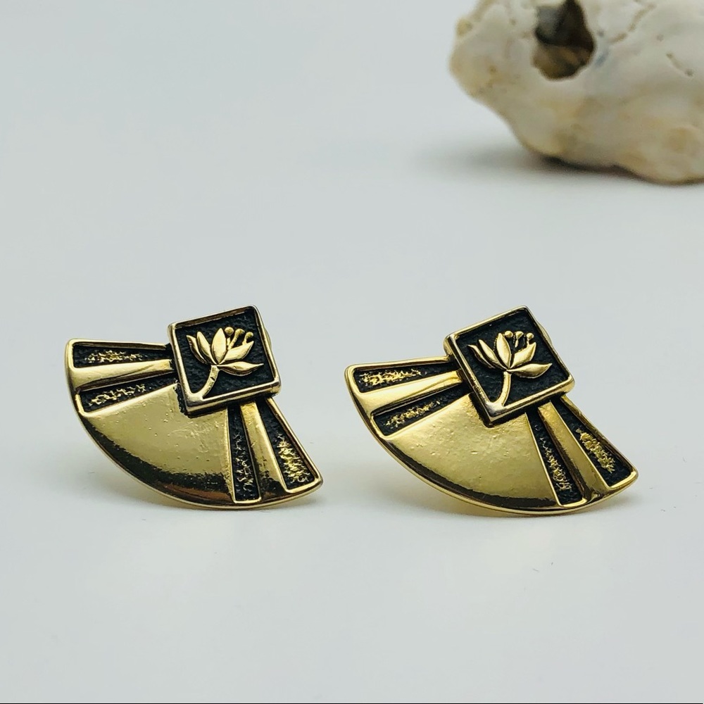 Laurel Burch Vintage Lotus Flower Gold Clip-On Earrings